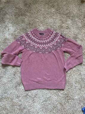 Apres Women Size Medium Sunice Pink Fair Isle Wool Winter WarmCrewneck Sweater